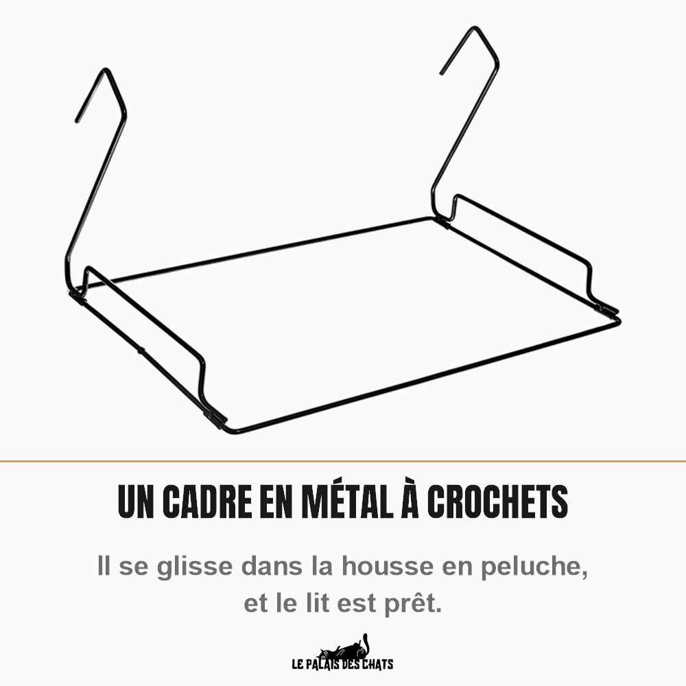 Cadre en métal noir à deux crochets du lit de radiateur pour chat L'Âtre Royal, qui se glisse dans la housse en peluche