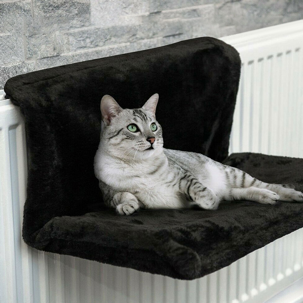 Lit de radiateur pour chat L'Âtre Royal coloris Noir, housse en peluche, chat tigré allongé dessus