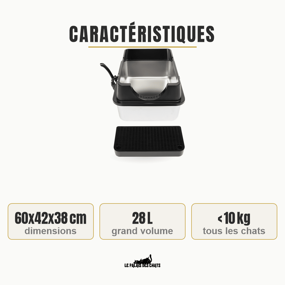 Litière pour chat en inox, fermée avec filtre et pelle | Le Trône Privé - Le Palais des Chats