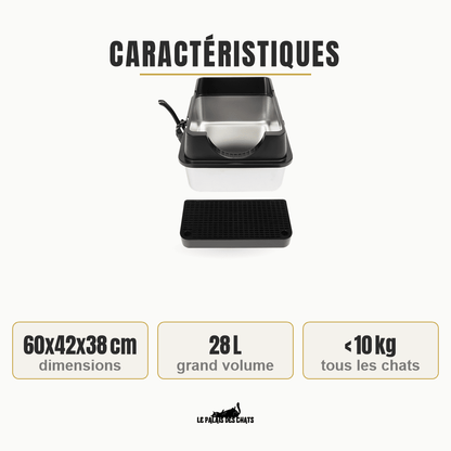 Litière pour chat en inox, fermée avec filtre et pelle | Le Trône Privé - Le Palais des Chats