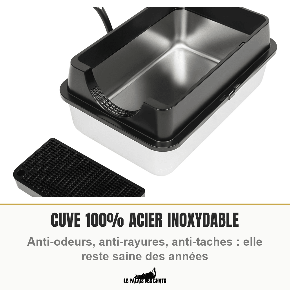 Litière pour chat en inox, fermée avec filtre et pelle | Le Trône Privé - Le Palais des Chats