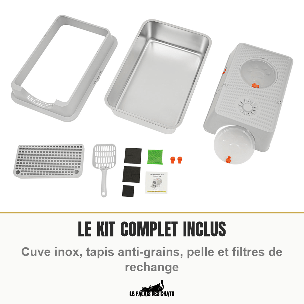 Litière pour chat en inox, fermée avec filtre et pelle | Le Trône Privé - Le Palais des Chats