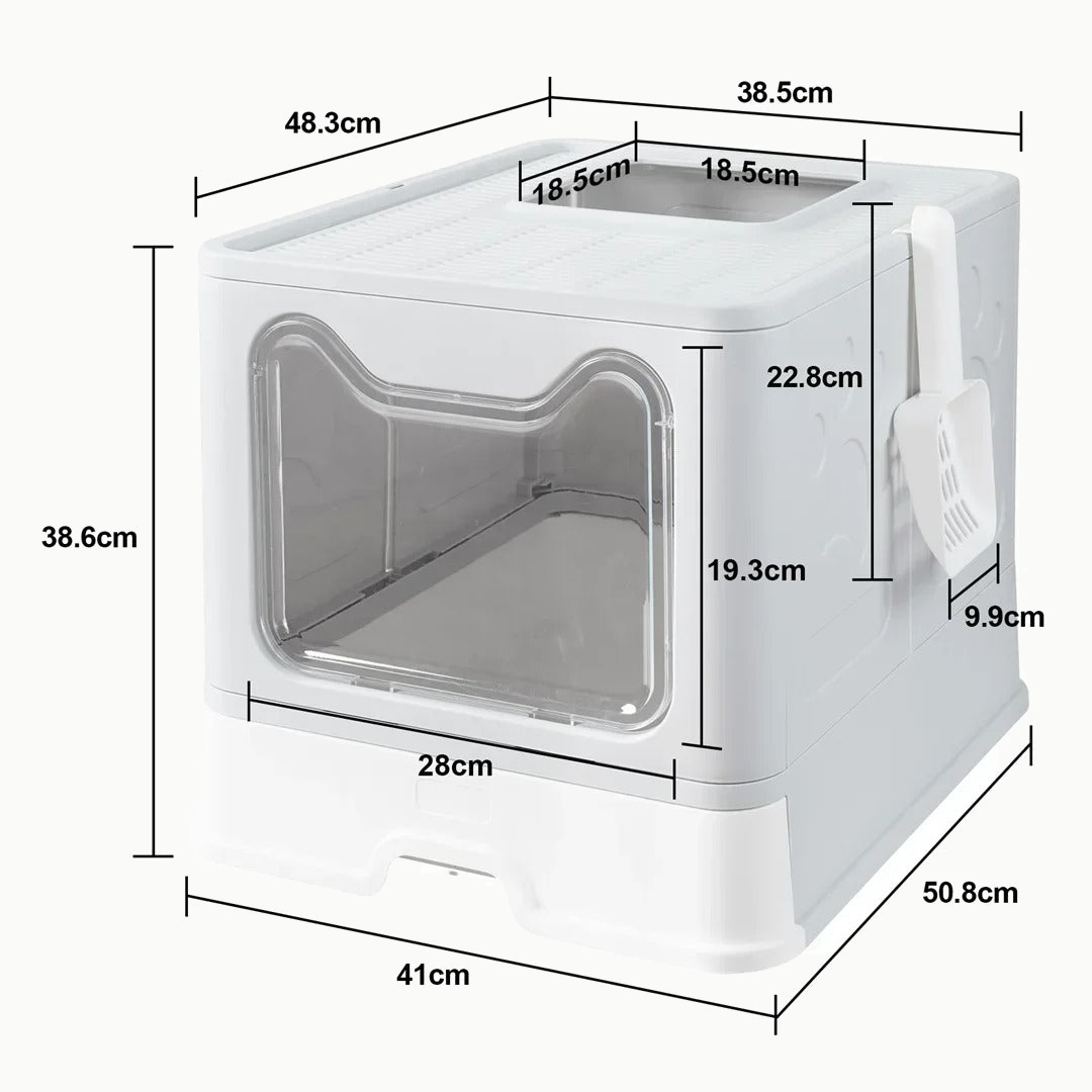 Schéma coté de la maison de toilette : 48,3 cm de large, 38,6 cm de haut, 50,8 cm de profondeur et ouverture avant de 28 cm