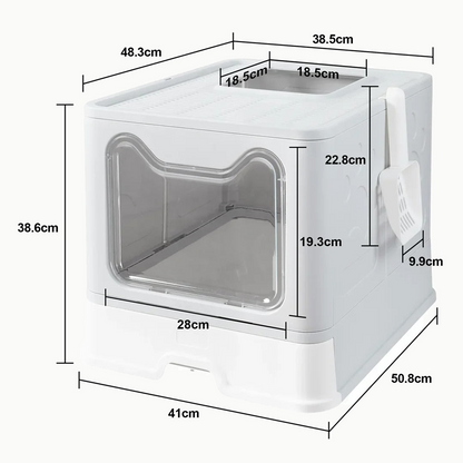 Schéma coté de la maison de toilette : 48,3 cm de large, 38,6 cm de haut, 50,8 cm de profondeur et ouverture avant de 28 cm