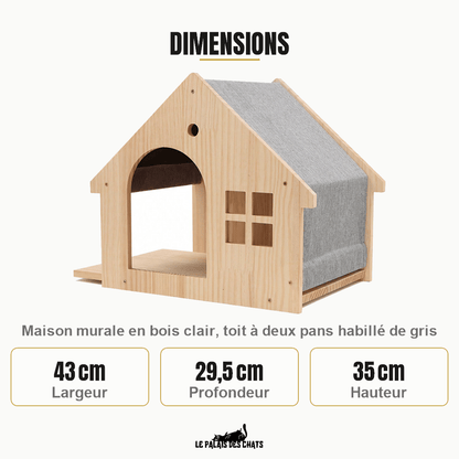 Dimensions de la maison murale pour chat Mon Petit Village Perché : 43 cm de large, 29,5 cm de profondeur, 35 cm de haut