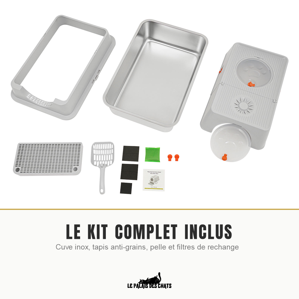 Kit complet inclus : cuve inox, tapis, pelle et filtres de rechange