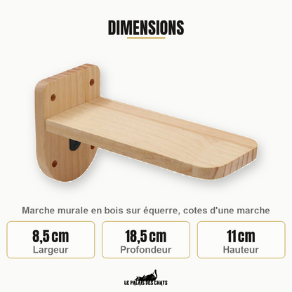 Dimensions d'une marche murale pour chat en bois : 8,5 cm de large, 18,5 cm de profondeur, 11 cm de hauteur