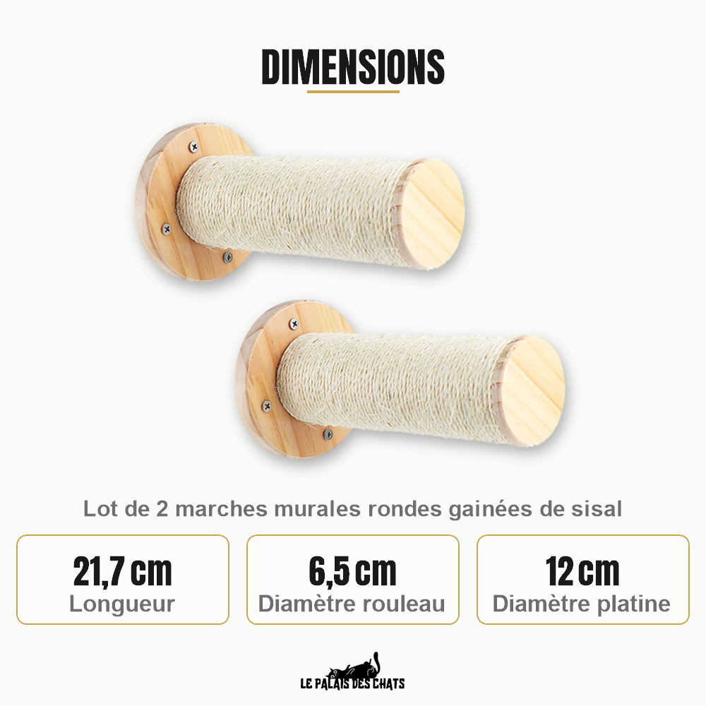 Dimensions des marches murales pour chat : 21,7 cm de long, rouleau de 6,5 cm de diamètre, platine de 12 cm