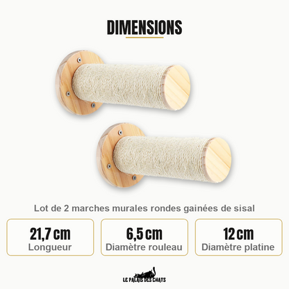 Dimensions des marches murales pour chat : 21,7 cm de long, rouleau de 6,5 cm de diamètre, platine de 12 cm