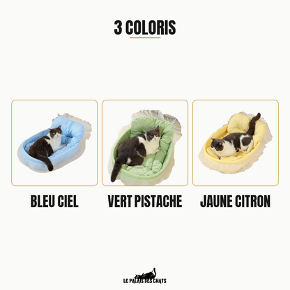 Les 3 coloris du panier pour chat Le Boudoir Royal : bleu ciel, vert pistache et jaune citron