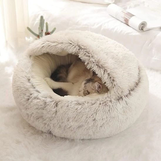 Chat endormi roulé en boule dans le panier beige à capuche, sur un tapis clair