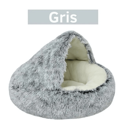 Panier rond douillet à capuche coloris gris, intérieur crème matelassé, sur fond blanc