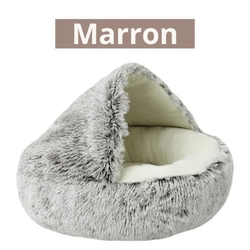 Panier rond douillet à capuche coloris marron, intérieur crème matelassé, sur fond blanc