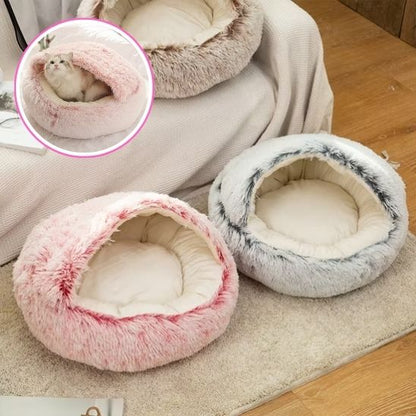 Les trois coloris du panier rond douillet côte à côte, rose, gris et marron