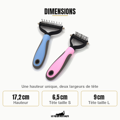 Dimensions du peigne démêloir pour chat : hauteur 17,2 cm, têtes de 6,5 cm et 9 cm