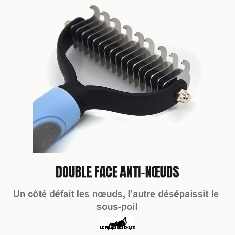 Tête double face du peigne démêloir pour chat : un côté anti-nœuds, un côté sous-poil