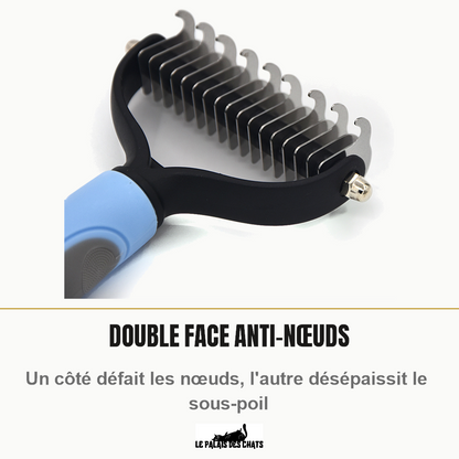 Tête double face du peigne démêloir pour chat : un côté anti-nœuds, un côté sous-poil