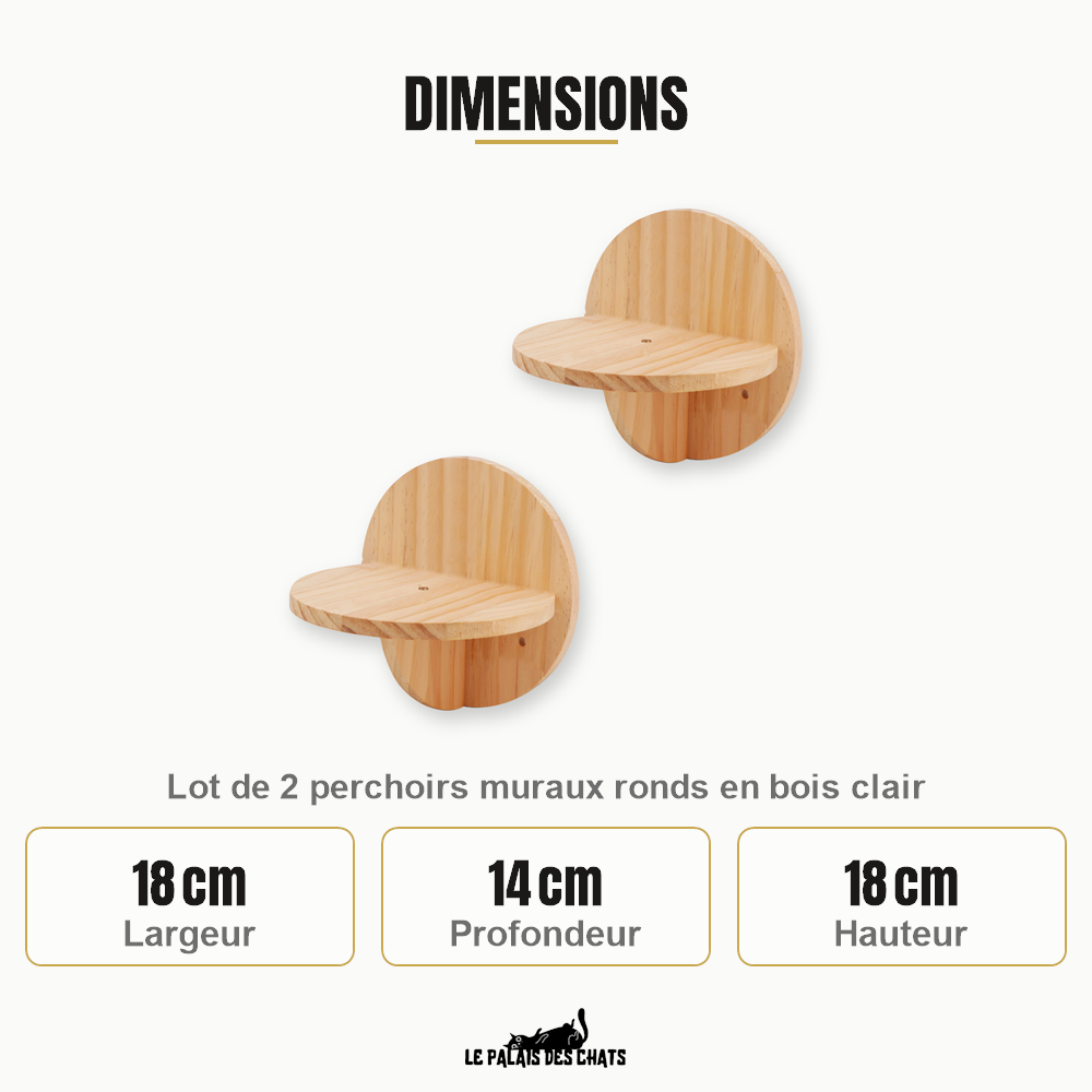 Dimensions d'un perchoir mural rond pour chat en bois clair : 18 cm de large, 14 cm de profondeur, 18 cm de haut