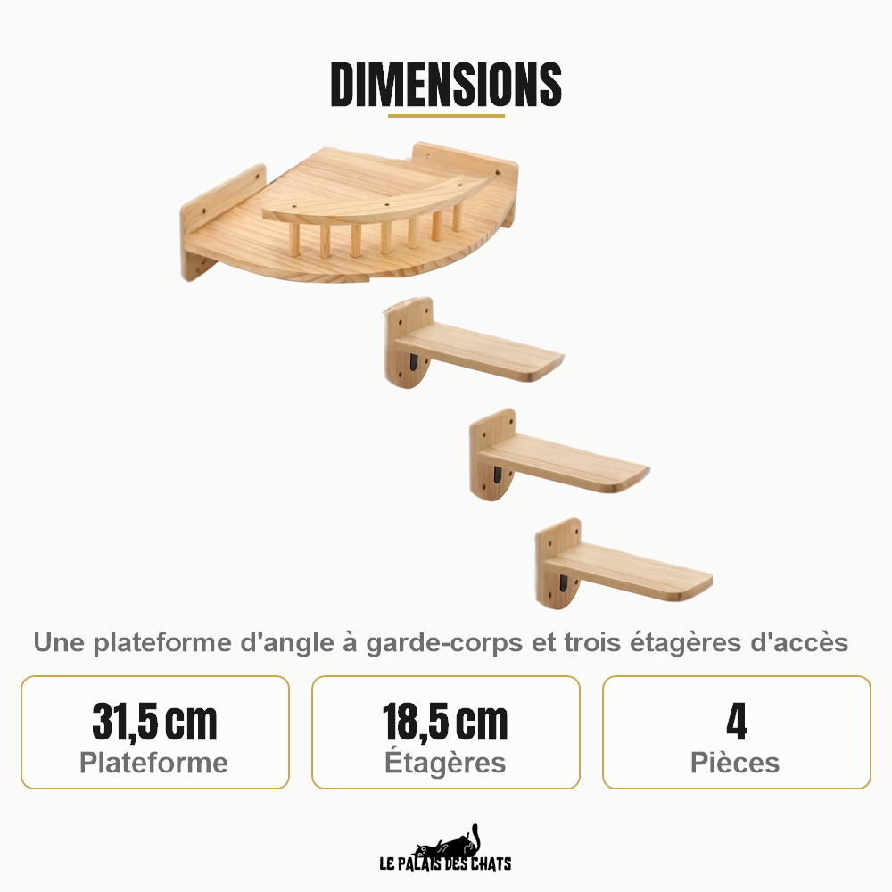 Dimensions de la plateforme d'angle : 31,5 cm, étagères de 18,5 cm, quatre pièces