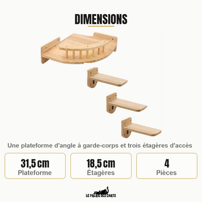 Dimensions de la plateforme d'angle : 31,5 cm, étagères de 18,5 cm, quatre pièces