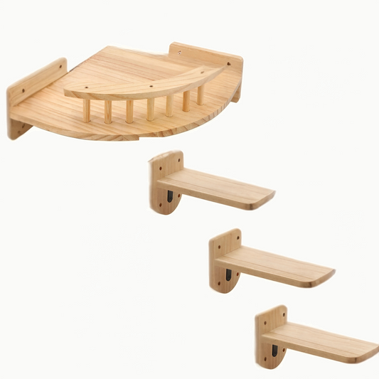 Plateforme murale d'angle pour chat à garde-corps et trois étagères en bois brut