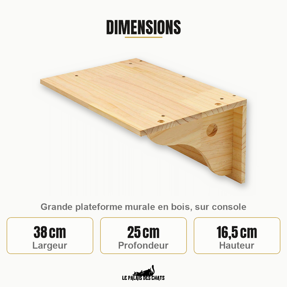 Dimensions de la grande plateforme murale pour chat : 38 cm de large, 25 cm de profondeur, 16,5 cm de hauteur