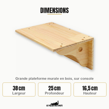 Dimensions de la grande plateforme murale pour chat : 38 cm de large, 25 cm de profondeur, 16,5 cm de hauteur