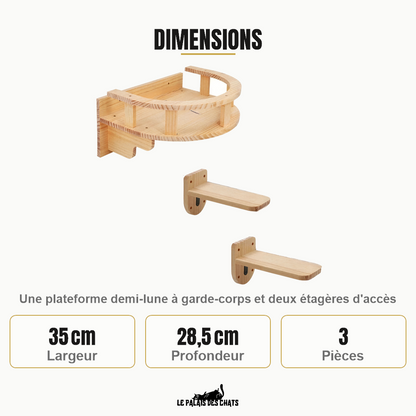 Dimensions de la plateforme demi-lune : 35 cm de large, 28,5 cm de profondeur, trois pièces
