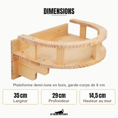 Dimensions de la plateforme murale demi-lune pour chat : 35 cm de large, 29 cm de profondeur, 14,5 cm de hauteur au mur, garde-corps de 8 cm