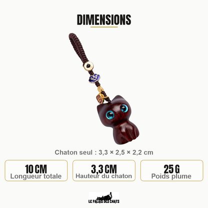 Dimensions du porte-clés chat Mon Petit Grigri : environ 10 cm de longueur totale, chaton de 3,3 × 2,5 × 2,2 cm et poids d'environ 25 g