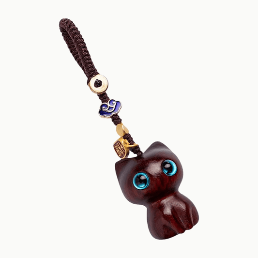 Porte-clés chat en bois sculpté, cordon tressé main | Mon Petit Grigri - Le Palais des Chats