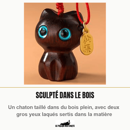 Porte-clés chat en bois sculpté, cordon tressé main | Mon Petit Grigri - Le Palais des Chats