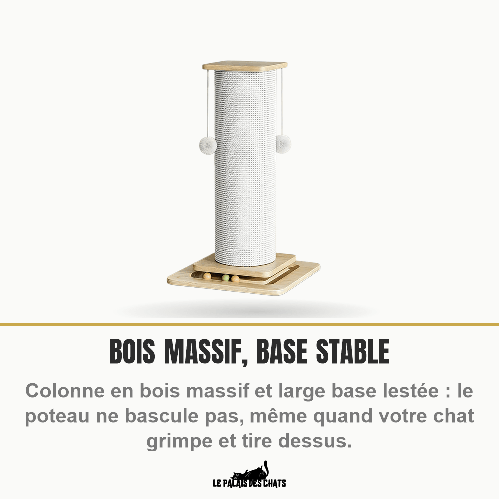 Poteau à gratter pour chat en bois et sisal naturel, 60/80 cm avec balle suspendue | Le Totem Royal - Le Palais des Chats