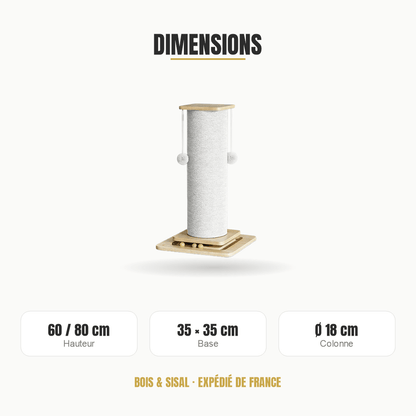 Poteau à gratter pour chat en bois et sisal naturel, 60/80 cm avec balle suspendue | Le Totem Royal - Le Palais des Chats