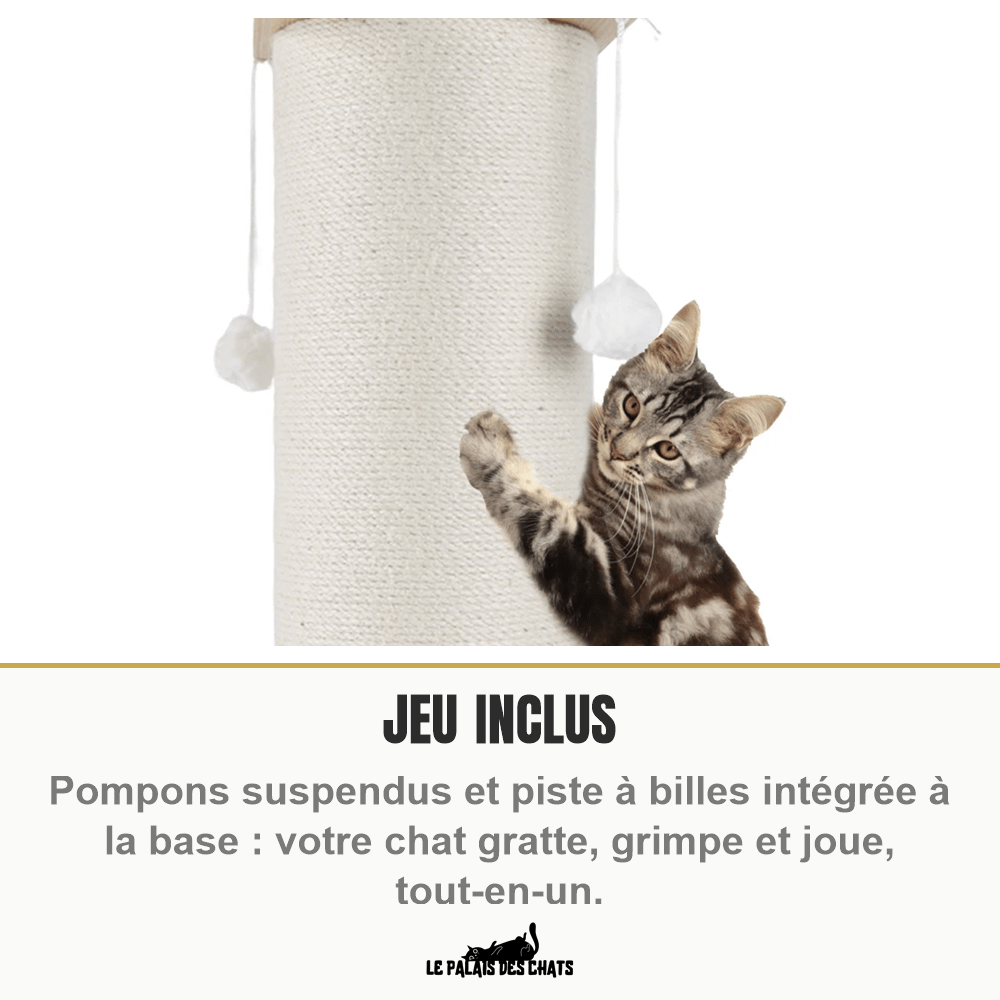 Poteau à gratter pour chat en bois et sisal naturel, 60/80 cm avec balle suspendue | Le Totem Royal - Le Palais des Chats