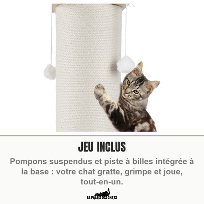 Poteau à gratter pour chat en bois et sisal naturel, 60/80 cm avec balle suspendue | Le Totem Royal - Le Palais des Chats