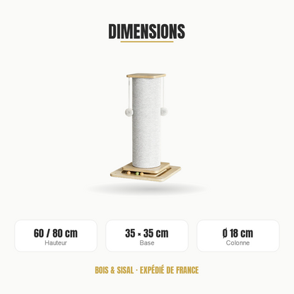 Dimensions du poteau à gratter : hauteur 60 ou 80 cm, base 35 x 35 cm
