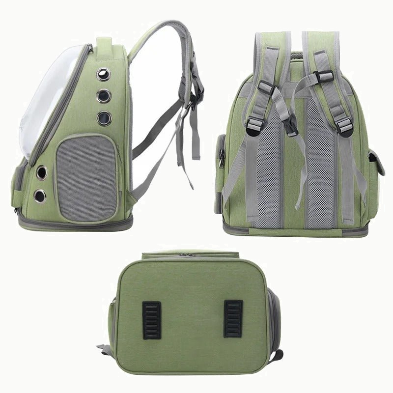 Sac à dos de transport vert vu de profil avec sa bulle transparente et ses aérations, de dos avec ses bretelles matelassées, et replié à plat