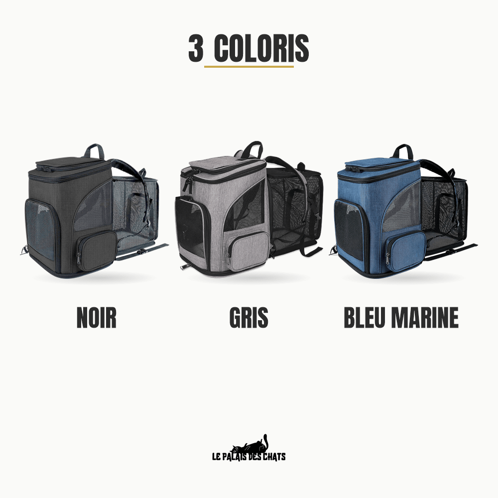 Les 3 coloris du sac de transport pour chat RandoFélins côte à côte : noir, gris et bleu marine