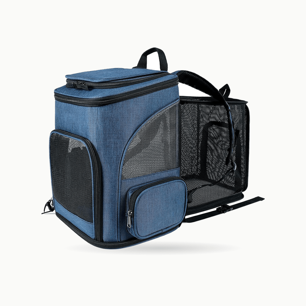 Sac à dos de transport pour chat RandoFélins coloris bleu marine, avec son extension latérale en maille déployée