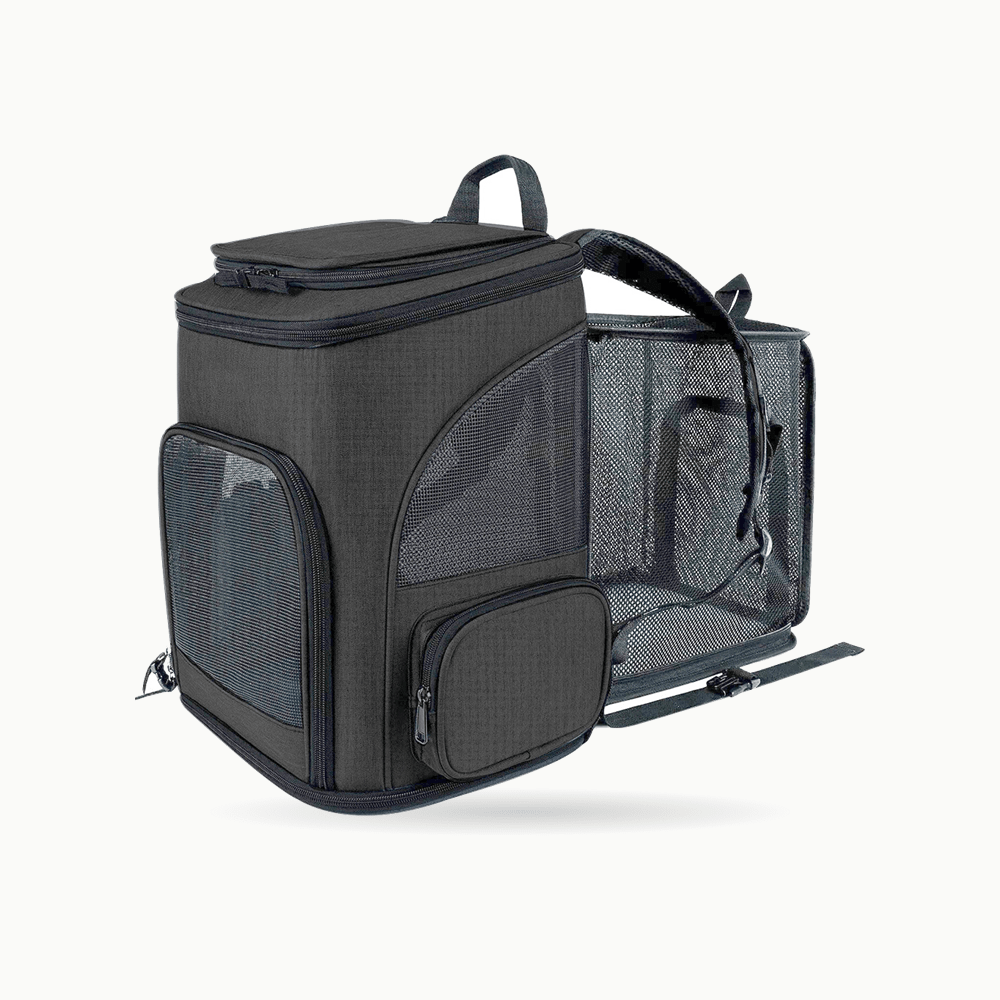 Sac à dos de transport pour chat RandoFélins coloris noir, avec son extension latérale en maille déployée