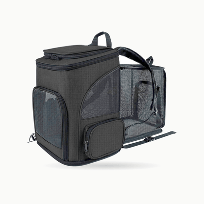 Sac à dos de transport pour chat RandoFélins coloris noir, avec son extension latérale en maille déployée