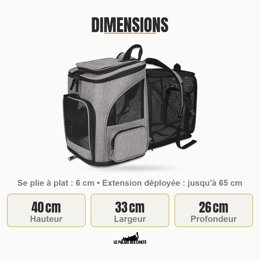 Dimensions du sac RandoFélins : 40 cm de haut, 33 cm de large, 26 cm de profondeur, plié 6 cm, déployé jusqu'à 65 cm