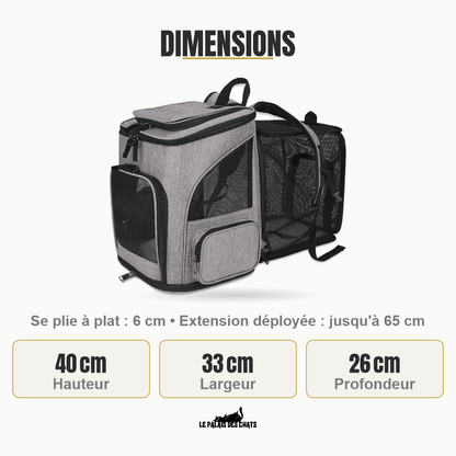 Dimensions du sac RandoFélins : 40 cm de haut, 33 cm de large, 26 cm de profondeur, plié 6 cm, déployé jusqu'à 65 cm