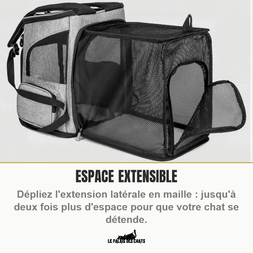 Sac de transport pour chat RandoFélins gris, extension latérale en maille dépliée pour un espace extensible