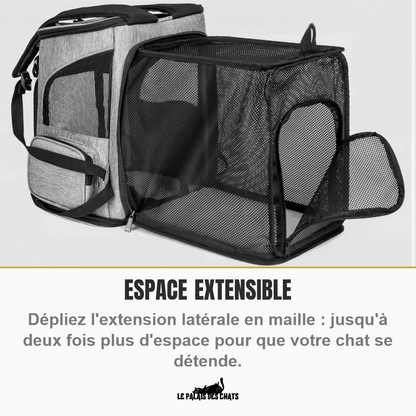 Sac de transport pour chat RandoFélins gris, extension latérale en maille dépliée pour un espace extensible