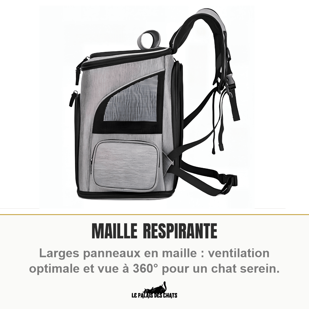Sac de transport pour chat RandoFélins gris vu de profil, avec ses larges panneaux en maille respirante et ses bretelles
