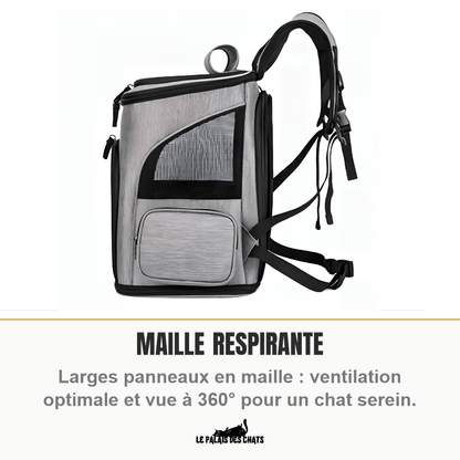 Sac de transport pour chat RandoFélins gris vu de profil, avec ses larges panneaux en maille respirante et ses bretelles