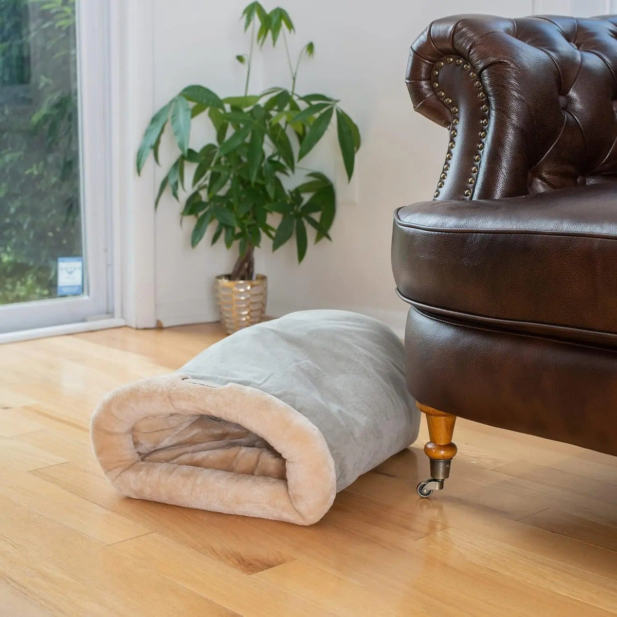 Sac de couchage pour chat La Cachette Royale coloris Gris posé sur un parquet, au pied d'un fauteuil en cuir dans un salon