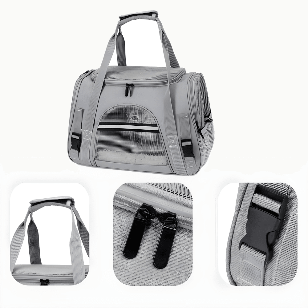 Sac de transport gris vu de trois quarts, avec zooms sur les poignées rembourrées, les tirettes de fermeture et la boucle de sangle